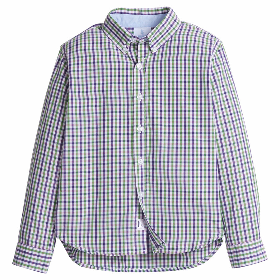 little english classic children's clothes, boys green and purple plaid button down shirt for fall 