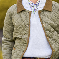 Little English classic childrens clothing, unisex button snap quilted jacket in olive green with corduroy details, Quarter zip sweater in light gray, button down shirt in blue and green coventry plaid, Classic pant in navy corduroy 