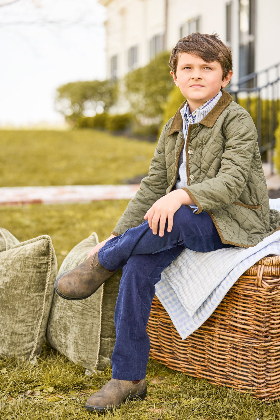 Little English classic childrens clothing, unisex button snap quilted jacket in olive green with corduroy details