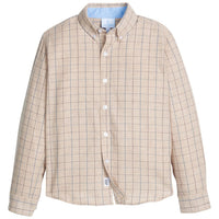 Little English traditional children's clothing. Tan and blue Durham Windowpane classic button down for boys