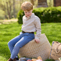 Little English traditional children's clothing.  Tan and blue Durham Windowpane button down shirt for boys