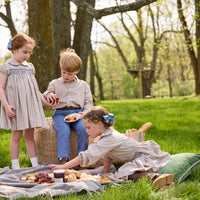 Little English traditional children's clothing.  Tan and blue Durham Windowpane button down shirt for boys