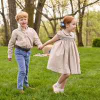 Little English traditional children's clothing.  Tan and blue Durham Windowpane button down shirt for boys
