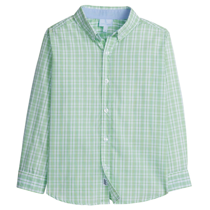 Little English boy's button down shirt in green plaid, classic children's spring clothing