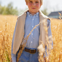 Little English classic tween boys button down shirt in gray blue gingham pattern