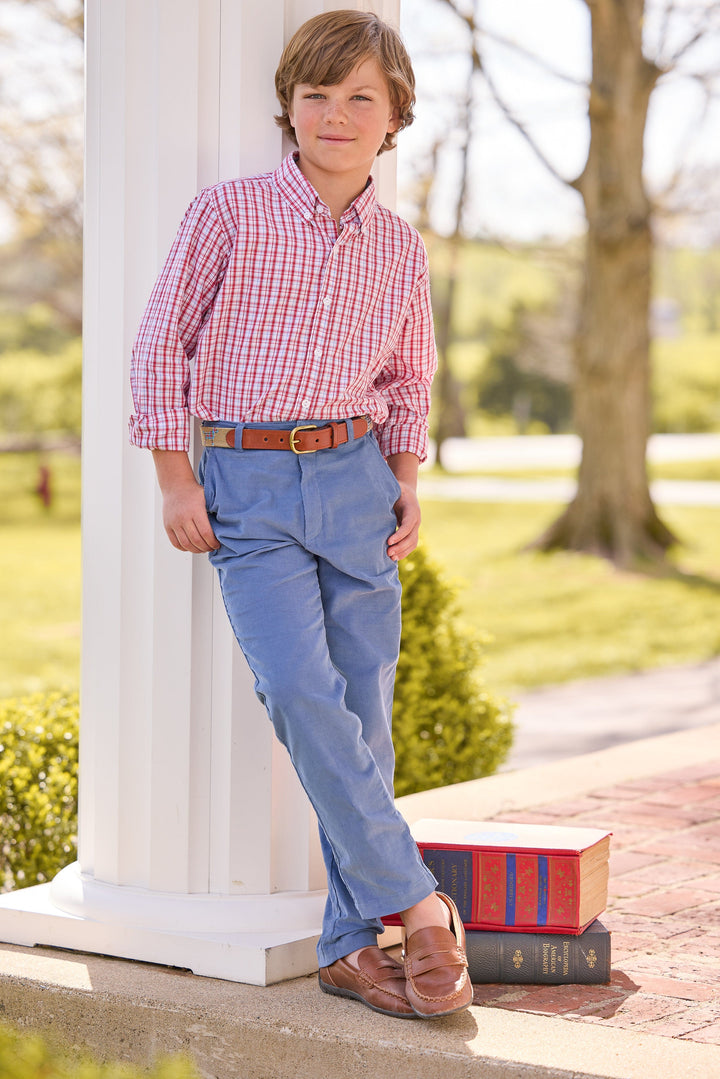 little english classic children's clothing red, white, and light blue hartford plaid for back to school. Classic pant in stormy blue corduroy, plaid lab needlepoint belt 