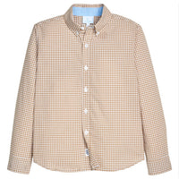 Little English traditional children's clothing. Tan and white Khaki Gingham classic button down for boys
