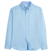 Little English boy's blue pique button down for spring, classic children's clothing