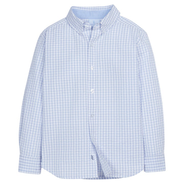Little English traditional children's clothing, boy's light blue seersucker check button down shirt for spring