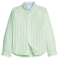 Little English traditional children's clothing.  Soft green and white Savanna Stripe button down shirt for boys