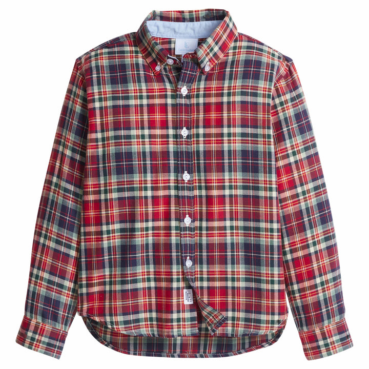 little english classic children's clothes, deep red, navy, and hunter green plaid button down for fall 