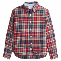 little english classic children's clothes, deep red, navy, and hunter green plaid button down for fall 