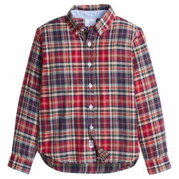 little english classic children's clothes, deep red, navy, and hunter green plaid button down for fall 