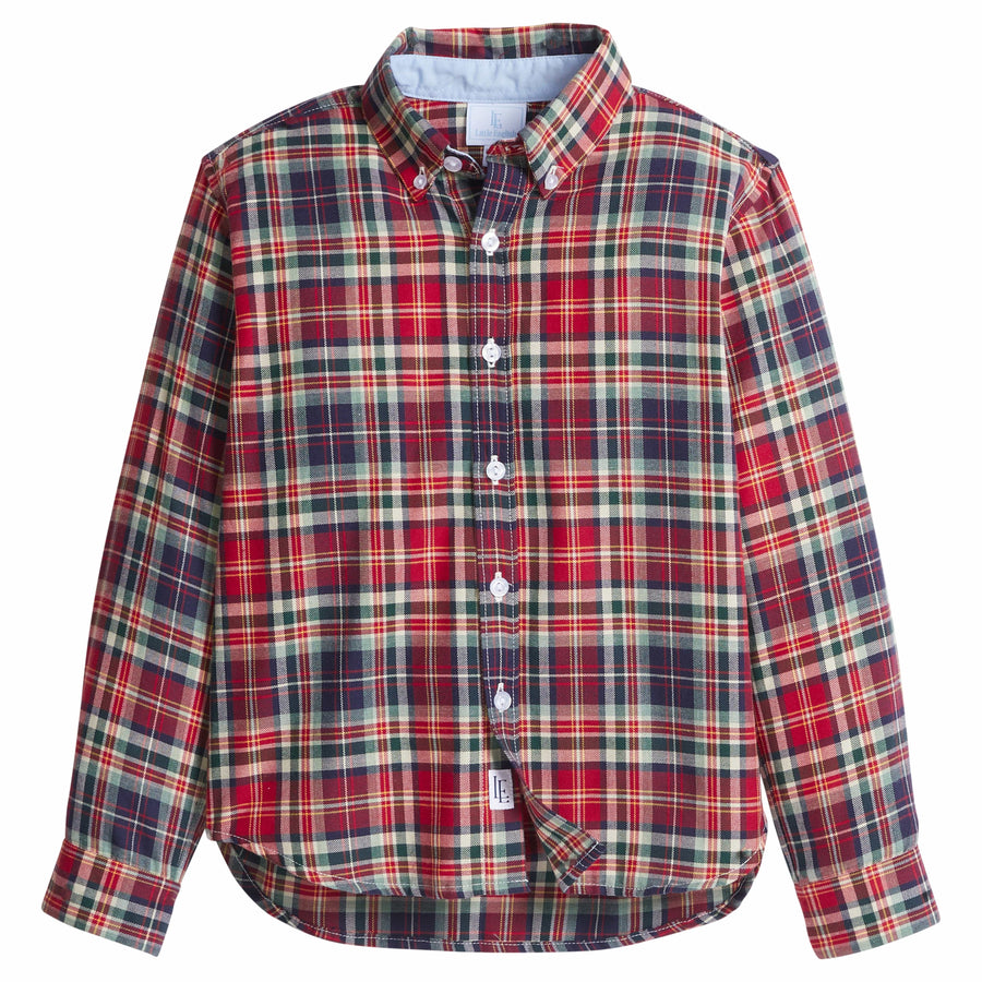 little english classic children's clothes, deep red, navy, and hunter green plaid button down for fall 