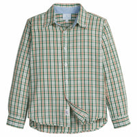 little english classic children's clothes,  deep green and cream plaid with hints of red  button down shirt for boys for the holidays
