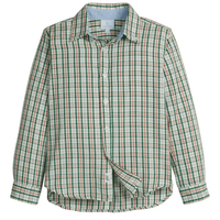 little english classic children's clothes,  deep green and cream plaid with hints of red  button down shirt for boys for the holidays