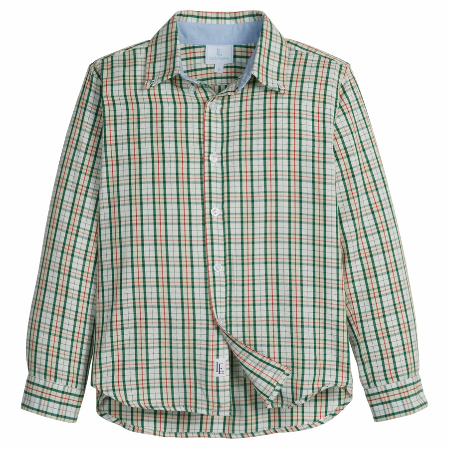 little english classic children's clothes,  deep green and cream plaid with hints of red  button down shirt for boys for the holidays