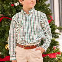 little english classic children's clothing cream, red, and green holiday plaid, classic pant in pebble twill, needlepoint belt with candy cane motif