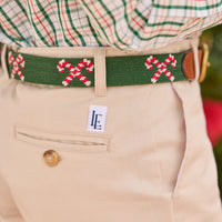 little english classic children's clothing cream, red, and green holiday plaid, classic pant in pebble twill, needlepoint belt with candy cane motif