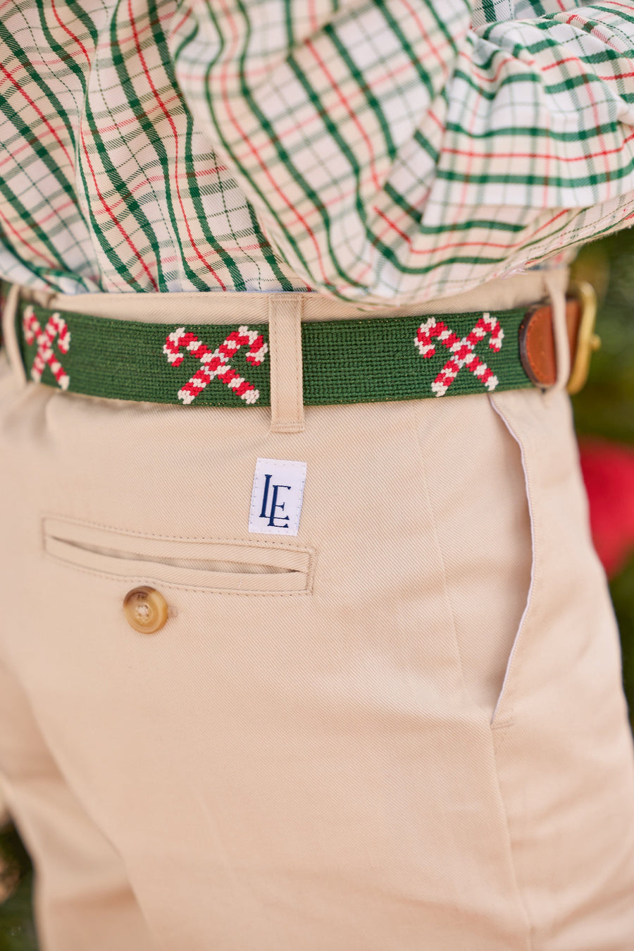 little english classic children's clothing cream, red, and green holiday plaid, classic pant in pebble twill, needlepoint belt with candy cane motif