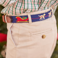 little english classic children's clothing cream, red, and green holiday plaid, classic pant in pebble twill, needlepoint belt with santas helper lab motif