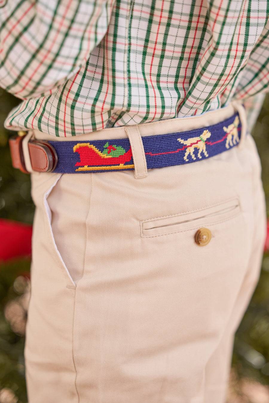 little english classic children's clothing cream, red, and green holiday plaid, classic pant in pebble twill, needlepoint belt with santas helper lab motif