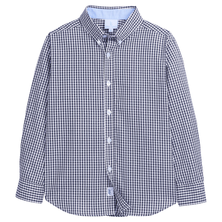 little english classic childrens clothing, boys button down shirt in navy gingham