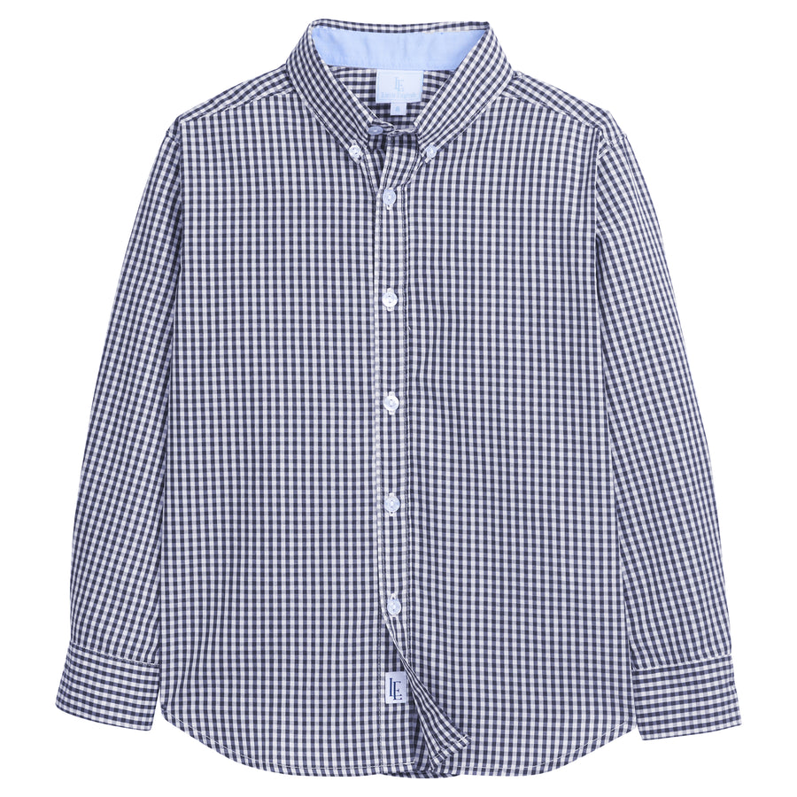 little english classic childrens clothing, boys button down shirt in navy gingham