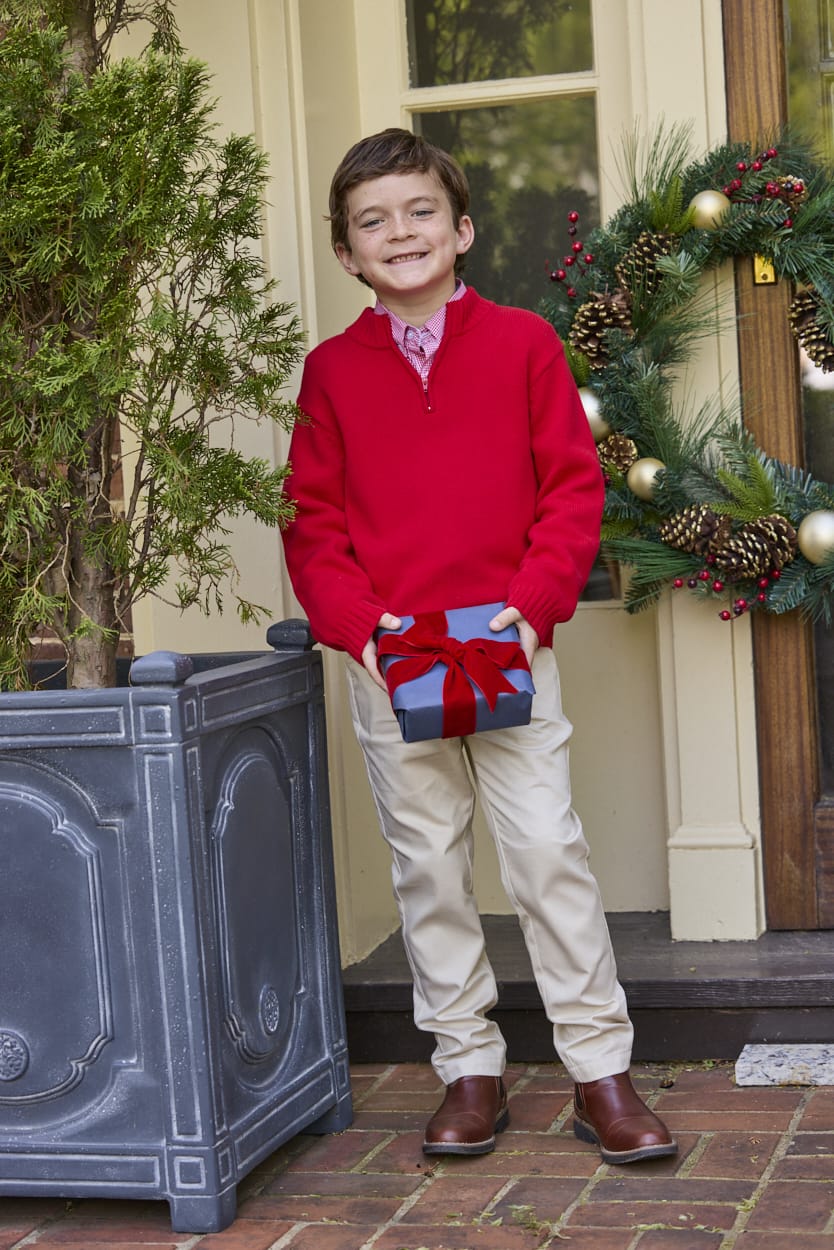 Little English classic pant for boys, faux button closure with zipper and interior elastic adjuster, khaki twill pant with belt loops for older boys