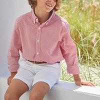 Little English boy's red seersucker gingham button down for summer, classic children's clothing