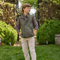 Little English traditional children's clothing.  Classic quilted vest in olive with corduroy detailing.  Unisex vest for kids.  Boys button down in olive, maroon, and blue plaid