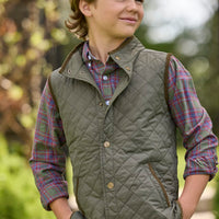 Little English traditional children's clothing.  Classic quilted vest in olive with corduroy detailing.  Unisex vest for kids.  Boys button down in olive, maroon, and blue plaid