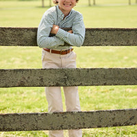 Little English traditional children's clothing. Green Watercress Gingham button down with tan Pebble Twill Classic Pants for boys