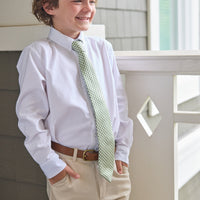 little english classic children's clothing, boys green and white gingham neck tie, button down shirt in white oxford, classic pant in pebble twill, for little boy 