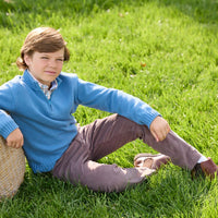 Little English traditional children's clothing. Stormy blue quarter zip sweater layered over blue, pink, and brown Wilmington Plaid button down shirt and paired with chocolate brown corduroy classic pants.  Fall outfit for boys
