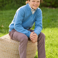 Little English traditional children's clothing. Stormy blue quarter zip sweater layered over blue, pink, and brown Wilmington Plaid button down shirt and paired with chocolate brown corduroy classic pants.  Fall outfit for boys