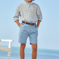 Little English classic children's clothing, boy's traditional short with zipper and belt loops in light blue twill for spring