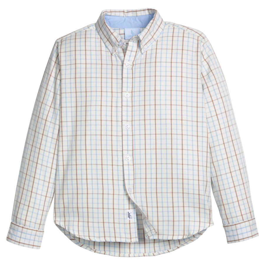 little english classic children's clothes, light blue, cream, and brown boys plaid button down shirt for fall 