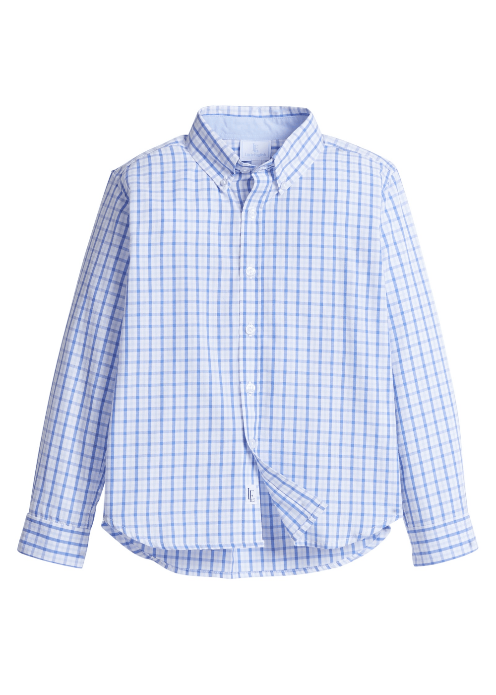 Little English classic kids clothing. Blue and white plaid button down shirt for boys for Fall