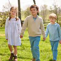 Little English traditional children's clothing.  Classic button down shirt in blue alpine gingham for boys