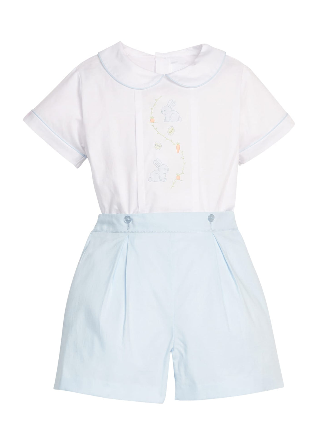 Little english classic button on short set with blue bunny embroidery on chest, for little boy 
