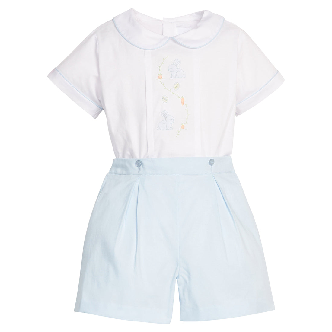 Little english classic button on short set with blue bunny embroidery on chest, for little boy 