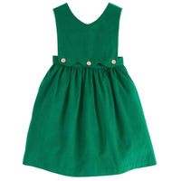 Little English classic children's clothing, girls evergreen corduroy jumper with scallop details and wooden buttons