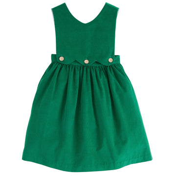 Little English classic children's clothing, girls evergreen corduroy jumper with scallop details and wooden buttons