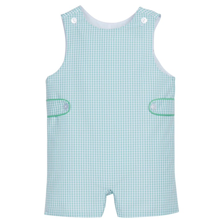Little English traditional children's clothing, boy's classic aqua gingham john john for Spring with green piped trim and button tab detail