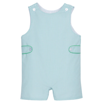 Little English traditional children's clothing, boy's classic aqua gingham john john for Spring with green piped trim and button tab detail