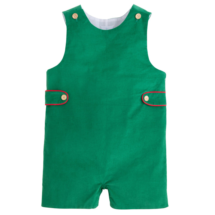 Little English classic kids clothes, evergreen corduroy john john with wood button details and button tabs with red piping for little boys