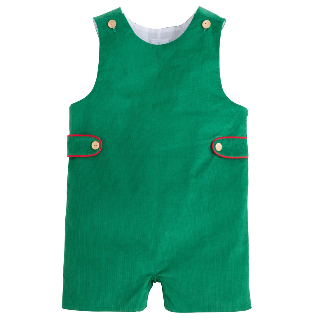 Little English classic kids clothes, evergreen corduroy john john with wood button details and button tabs with red piping for little boys