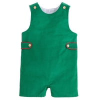 Little English classic kids clothes, evergreen corduroy john john with wood button details and button tabs with red piping for little boys