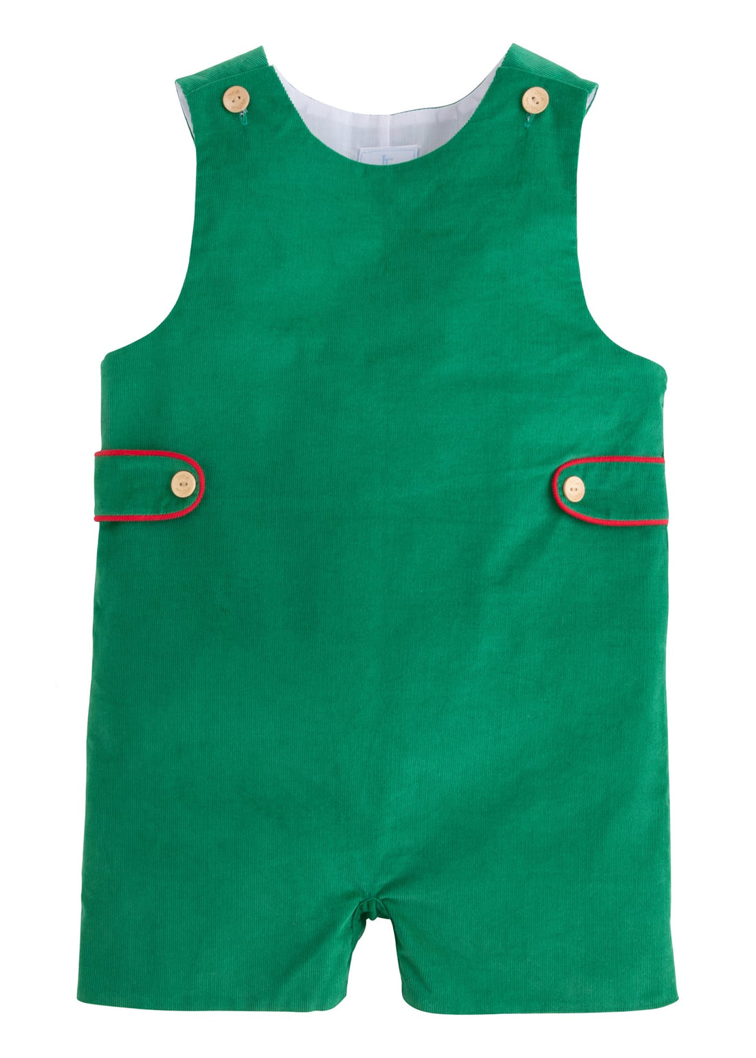 Little English classic kids clothes, evergreen corduroy john john with wood button details and button tabs with red piping for little boys